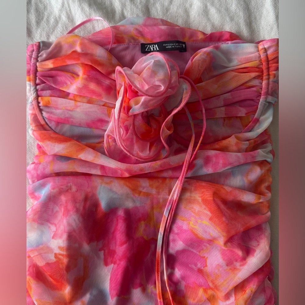 Zara Pink and Orange Watercolor Strapless Dress with Tie Detail
